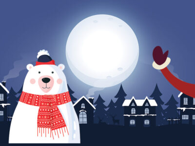 Ilustracja świąteczna miś i księżyc w pełni